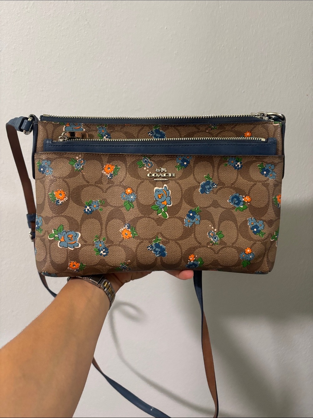 Coach Brown Floral Signature Crossbody with Blue Trim